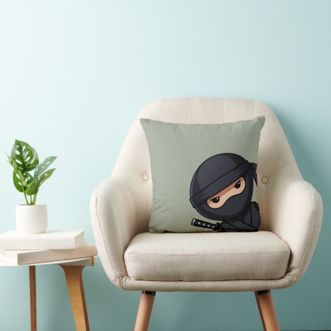 Peeking Ninja on Sage Green Throw Pillow (Chair)
