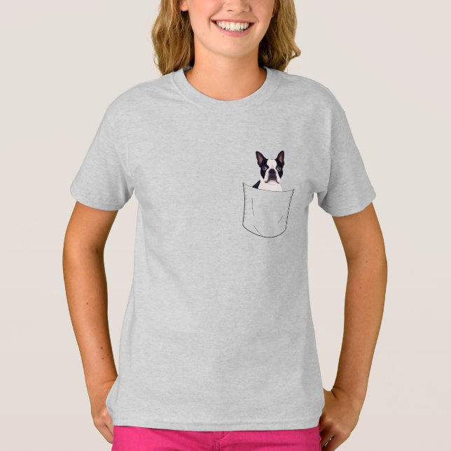 Peeking Pocket Pet - Boston Terrier Dog T-Shirt (Front)