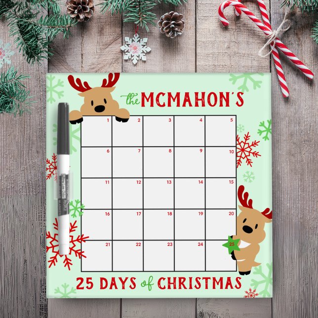 Peeking Reindeer 25 Days of Christmas Activity Dry Erase Board (25 Days of Christmas Activity White Board. Adorable Peeking Reindeer Design, Other Designs Available)