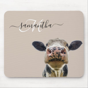 Peeking Sneaky Cow Personalized Monogram Mouse Pad