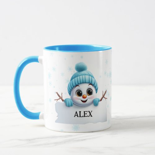 Peeking Snowman In Blue Christmas Coffee Mug