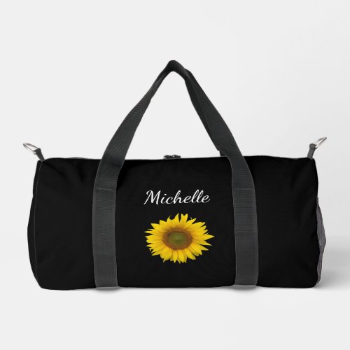 Peeking Sunflower Elegant Botanical Black Duffle Bag