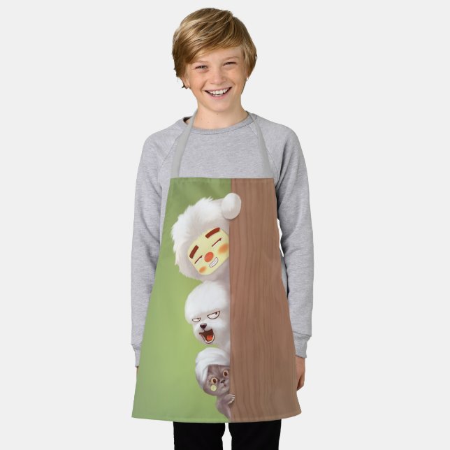 Peeking Trio: Funny Animal Stack & Smile Pup Apron (Worn)