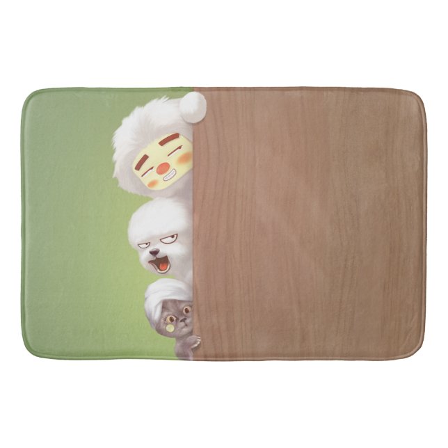 Peeking Trio: Funny Animal Stack & Smile Pup Bath Mat (Front)