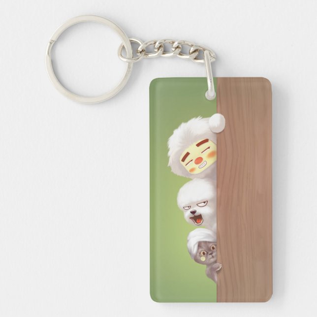 Peeking Trio: Funny Animal Stack & Smile Pup Keychain (Front)