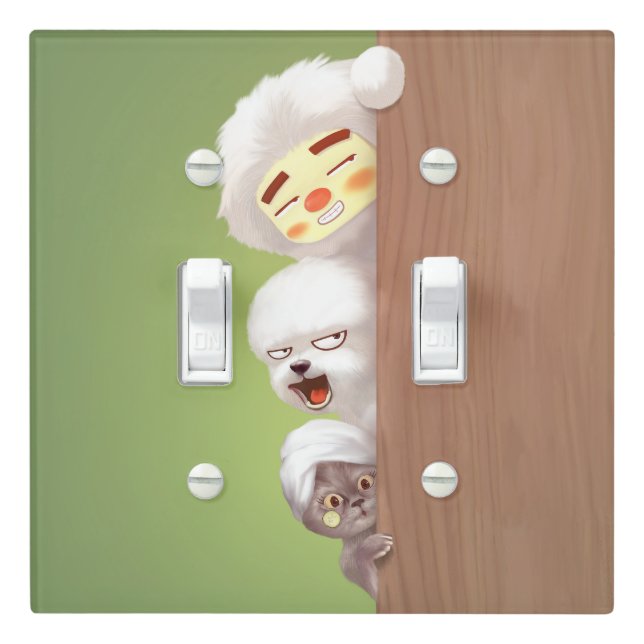 Peeking Trio: Funny Animal Stack & Smile Pup Light Switch Cover (In Situ)