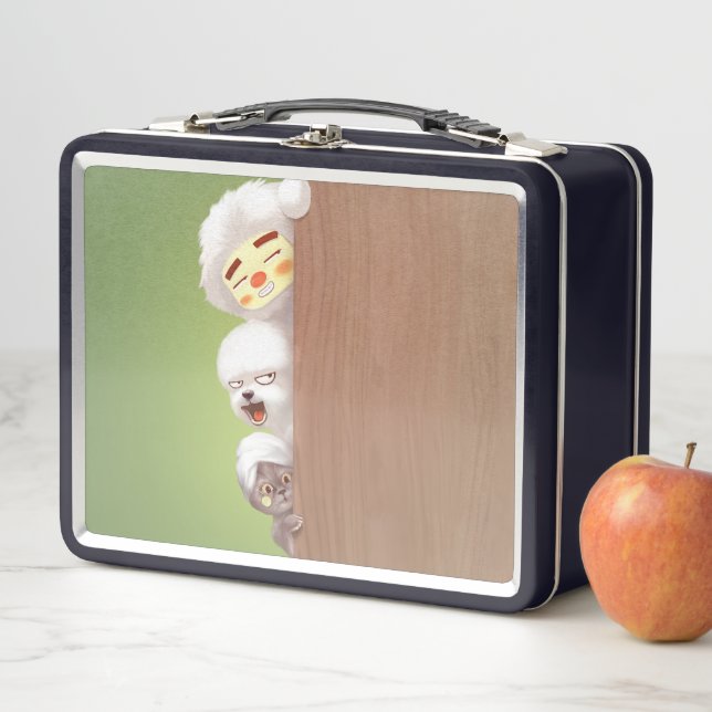 Peeking Trio: Funny Animal Stack & Smile Pup Metal Lunch Box (In Situ)