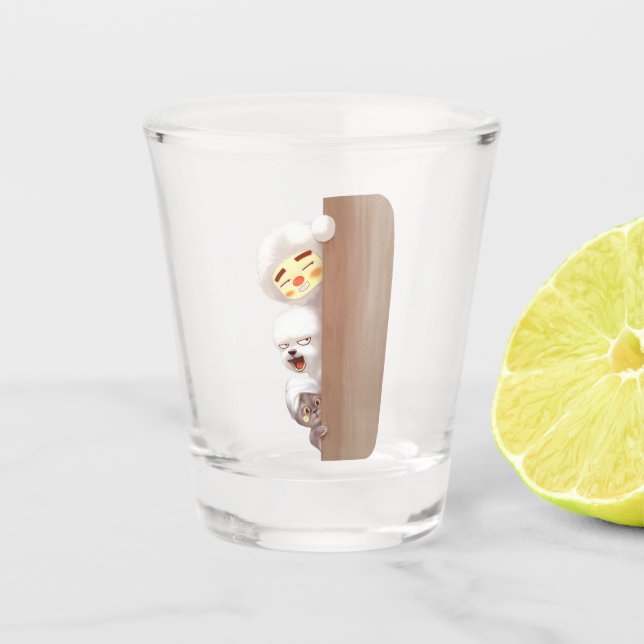 Peeking Trio: Funny Animal Stack & Smile Pup Shot Glass (Front)