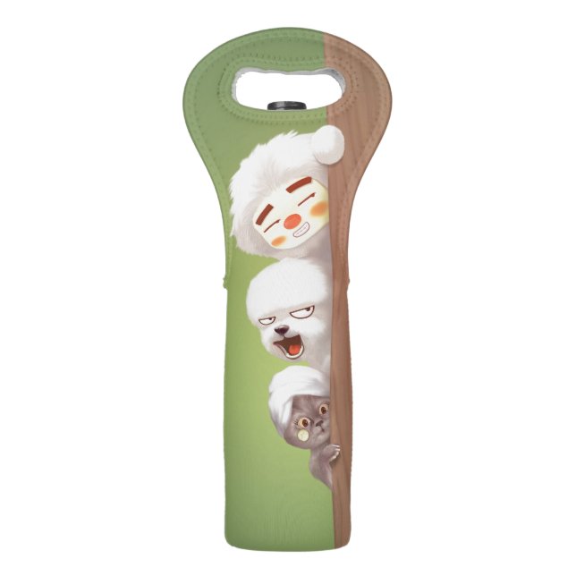 Peeking Trio: Funny Animal Stack & Smile Pup Wine Bag (Front)