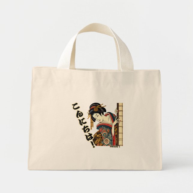 Peeking Ukiyo-e geisha - Konnichiwa! Mini Tote Bag (Front)