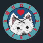 Peeking Westie with Heart (Regular Numerals) Large Clock<br><div class="desc">Cute West Highland White Terrier peeking out of a circular design with a heart (regular numbers instead of roman numerals). Your choice of border color.</div>