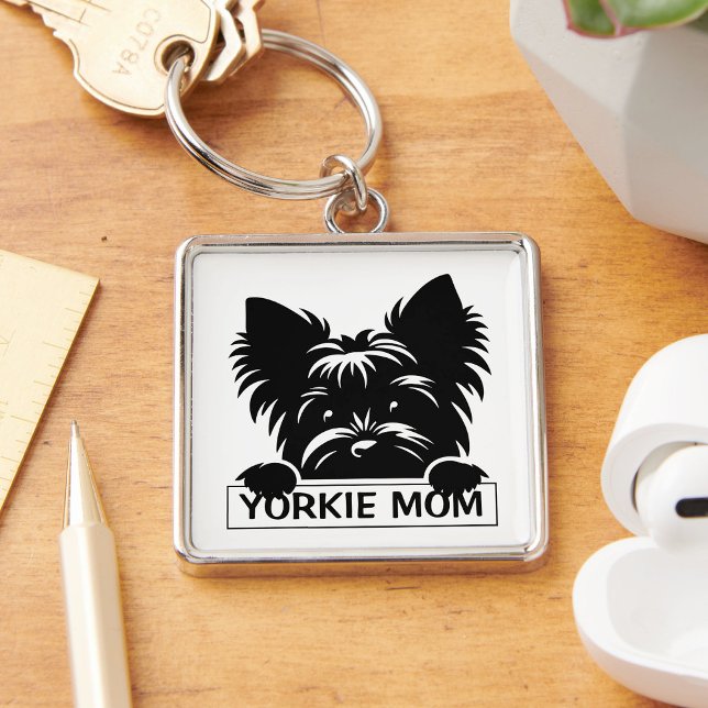 Peeking Yorkie Black Silhouette Yorkie Mom  Keychain (Creator Uploaded)