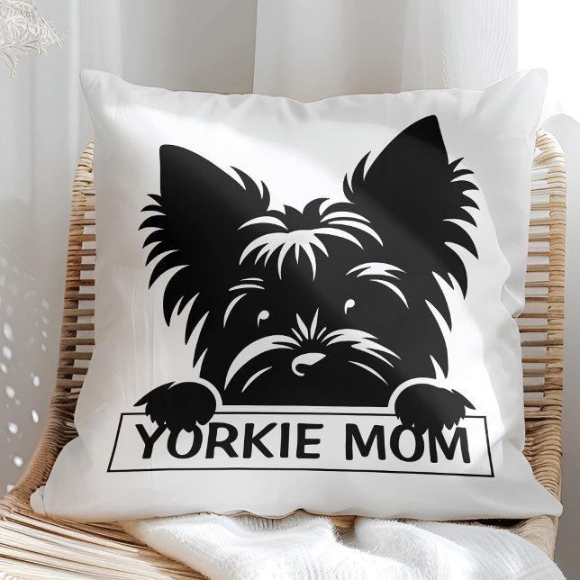 Peeking Yorkie Black Silhouette Yorkie Mom  Throw Pillow (Creator Uploaded)