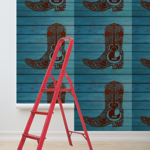 Peel and Stick brown cowboy boot western blue wood Wallpaper