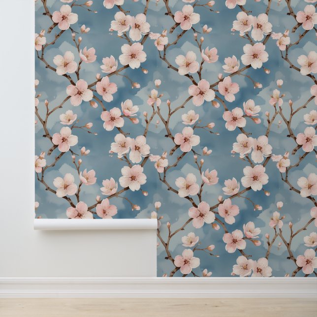 Peel and Stick Cherry Blossom Watercolor Blue  Wallpaper (Application)