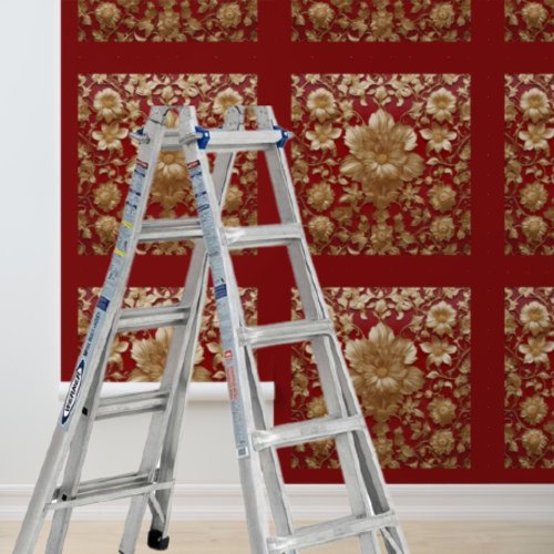 Peel and stick gold flowers pattern on red  wallpaper 