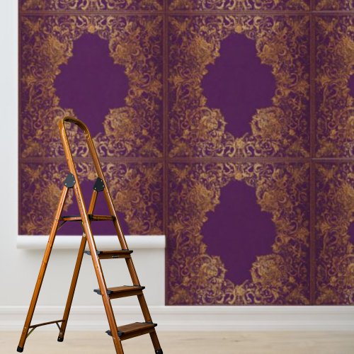 Peel and Stick Indian inspired purple gold pattern Wallpaper