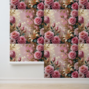 Peel and Stick Pink Gold Floral Rose Lily Dream Wallpaper
