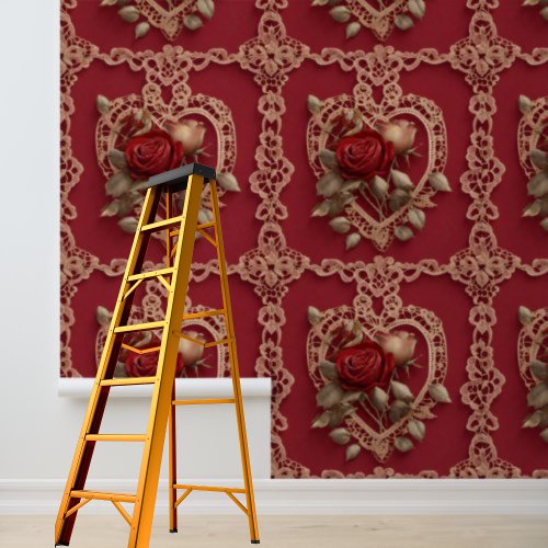 Peel and Stick red hearts roses lace pattern Wallpaper