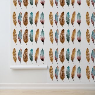 Peel and stick wallpaper blue brown feathers