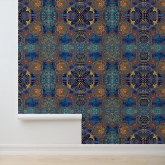 Peel and stick wallpaper blue gold circles pattern