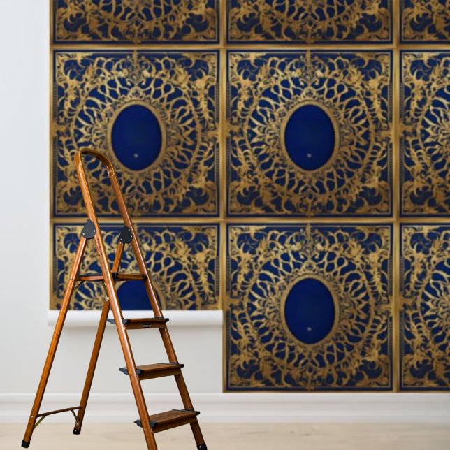 Peel and Stick Wallpaper Blue Gold Lace Pattern (Peel and Stick Wallpaper Blue Gold Lace Pattern Wallpaper)