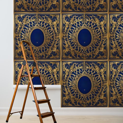 Peel and Stick Wallpaper Blue Gold Lace Pattern Wallpaper