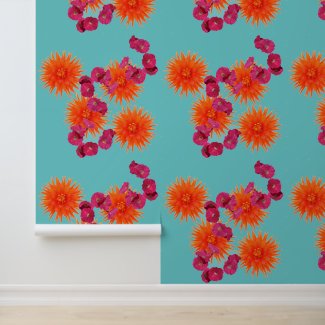 Peel and stick wallpaper blue orange pink floral