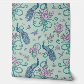 Peel and Stick Wallpaper – Elegant Peacock Ribbons Wallpaper