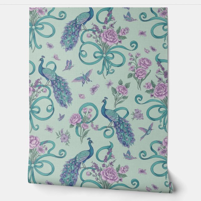 Peel and Stick Wallpaper – Elegant Peacock Ribbons Wallpaper (Unrolling)