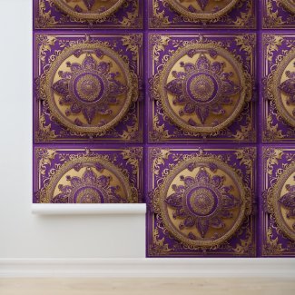 Peel and Stick Wallpaper Purple Gold Lace Squares 