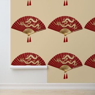 Peel and stick wallpaper red chinese dragon fans