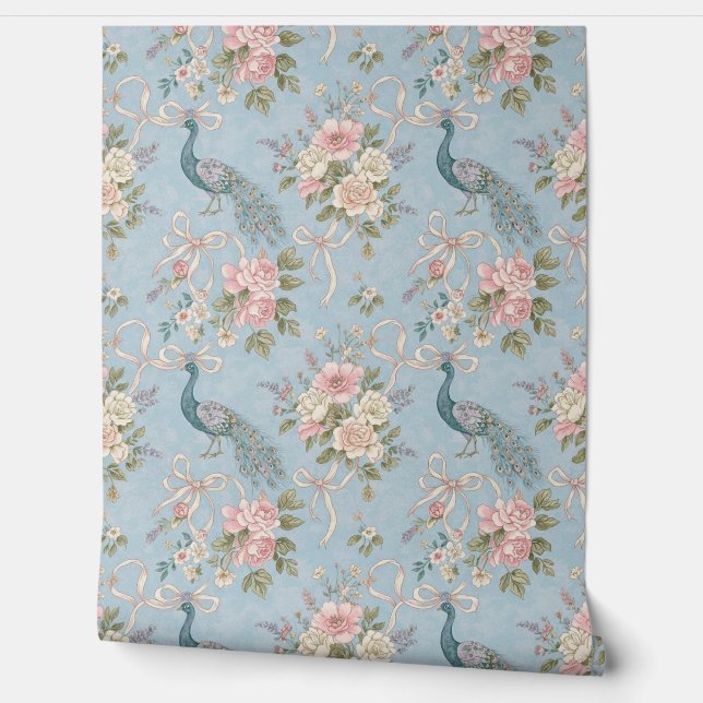 Peel and Stick Wallpaper – Vintage Peacock in Blue (Unrolling)