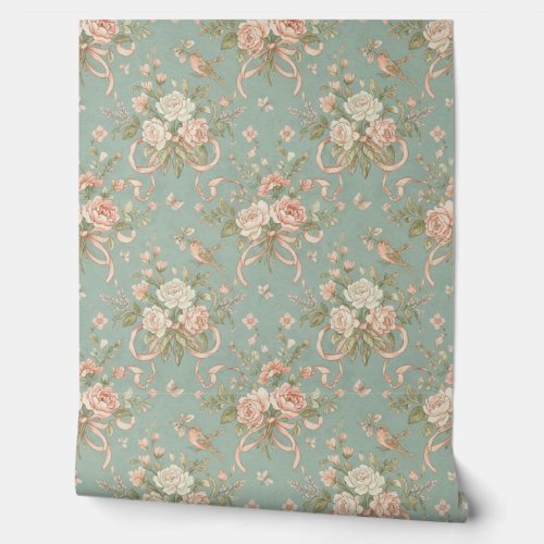 Peel and Stick Wallpaper – Vintage Roses, Birds Wallpaper