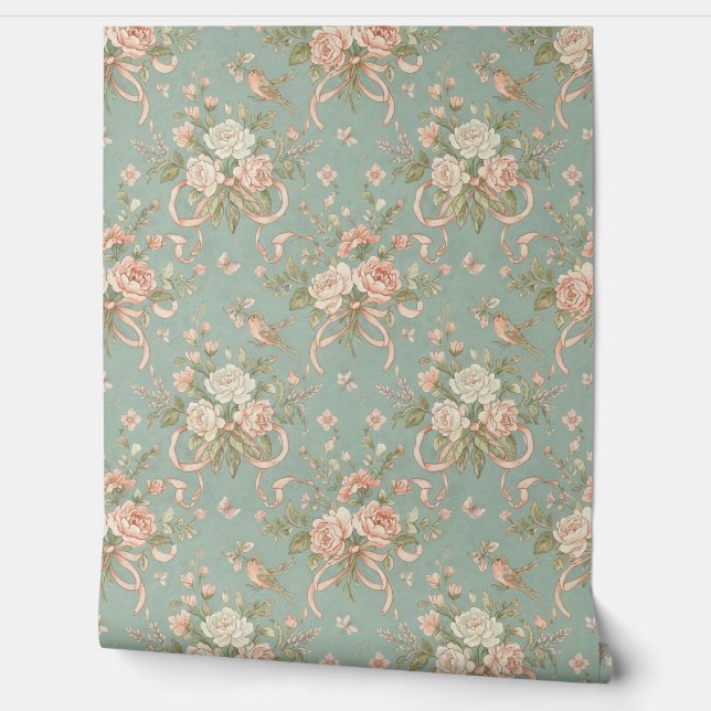 Peel and Stick Wallpaper – Vintage Roses, Birds Wallpaper (Unrolling)