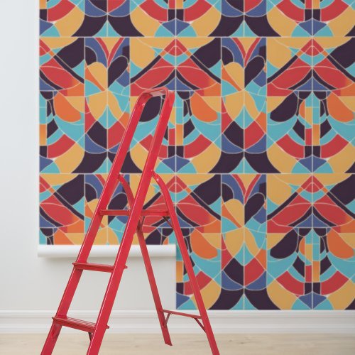 Peel Stick Artdeco Blue Orange Geometric Pattern Wallpaper