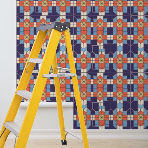 Peel Stick Artdeco Tiles Pattern Blue Orange  Wallpaper