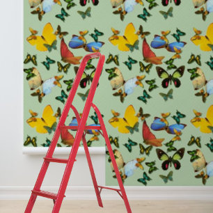 Peel Stick Colorful Butterflies Green Pattern Wallpaper