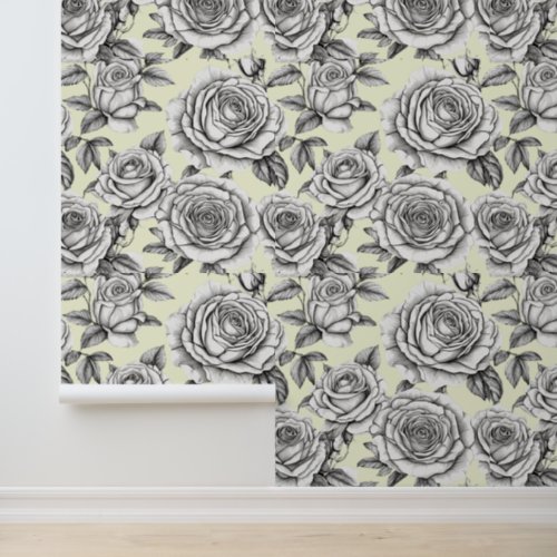 Peel Stick Roses on Pale Yellow Background Pattern Wallpaper