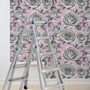 Peel Stick Roses on Pink Background Geometric Wallpaper