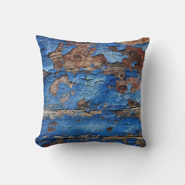 Peeling Blue Paint from Rustic Wood Throw Pillow (Front)
