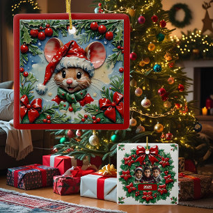 Peeping Christmas Mouse Customizable Ceramic Ornament