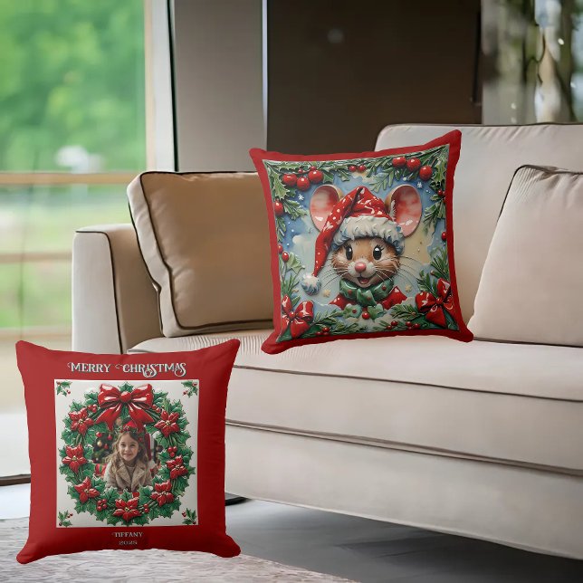 Peeping Christmas Mouse Throw Pillow (Creator Uploaded)