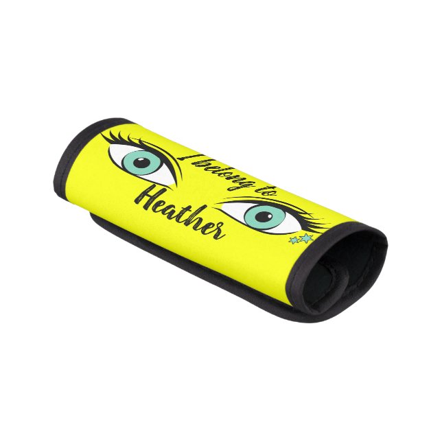 Peering Green Eyes Staring Over Bright Yellow Luggage Handle Wrap (Angled)