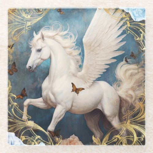 Pegasus and Ornate Damask Glass Coaster