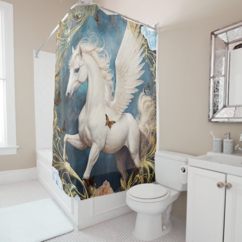 Pegasus and Ornate Damask Shower Curtain
