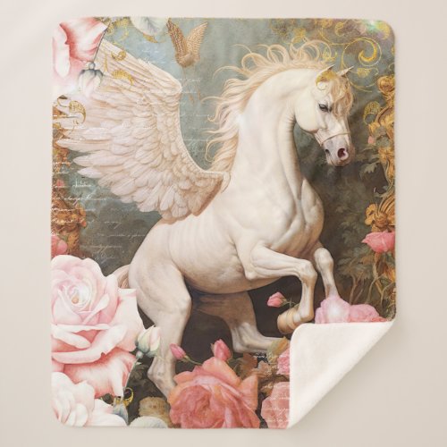 Pegasus and Pink Roses Sherpa Blanket