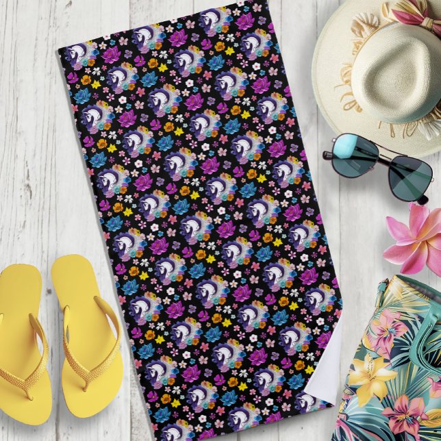 Pegasus Black Floral Beach Towel (Creator Uploaded)