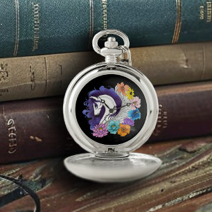 Pegasus Black Floral Pocket Watch