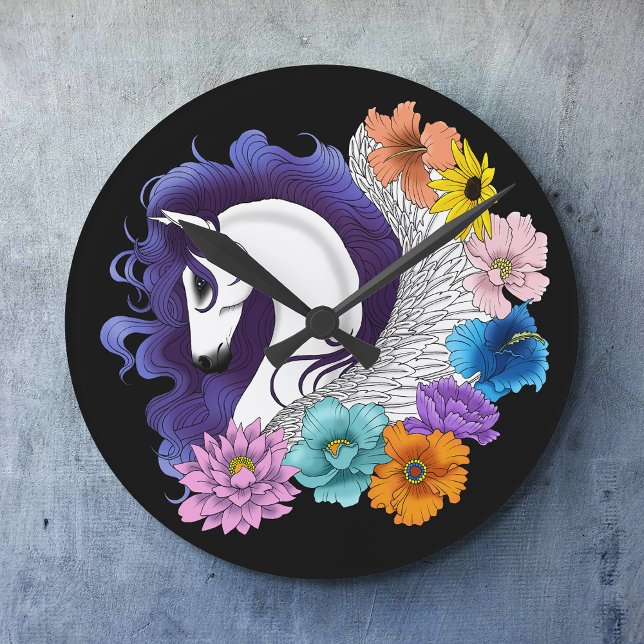 Pegasus Black Floral Round Clock (Creator Uploaded)